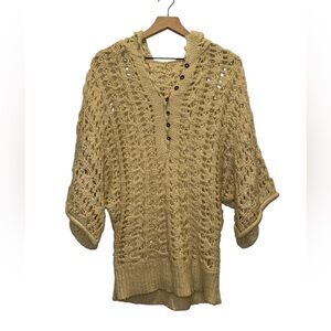 Free People Open-Knit Hooded Crochet Sweater Cream Natural Knit Tunic Sweater